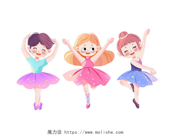彩色卡通手绘三个小女孩跳芭蕾原创插画元素